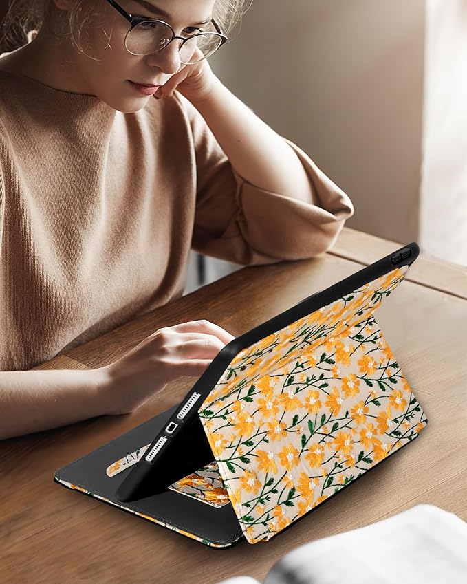 Uppuppy for iPad 9th/8th/7th Generation Case 10.2'' - for Women Girls Cute Embroidered Folio Stand Cover with Pencil Holder & Card Slot Girly Yellow Daisy Design Aesthetic Cases for iPad 7th/8th/9th