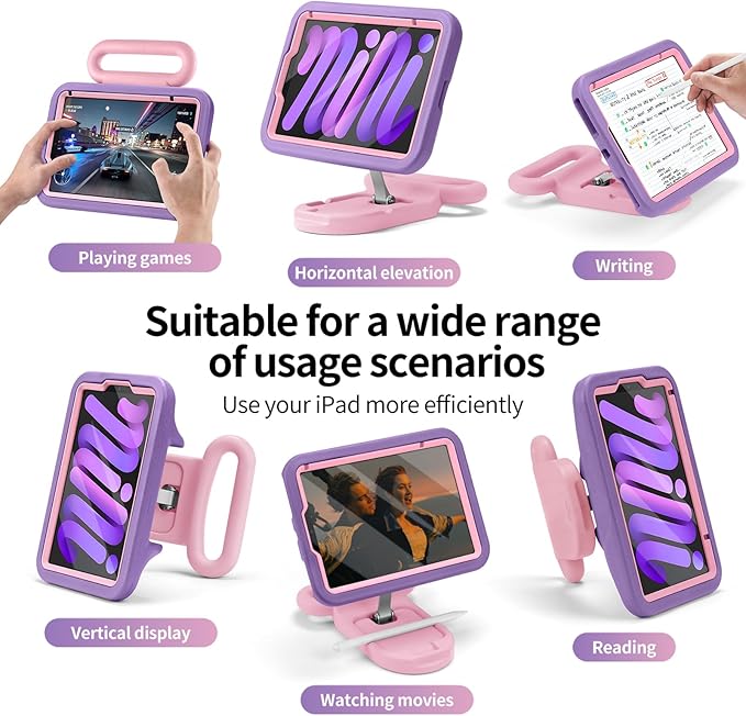 Kids Case for iPad mini 7 (A17 Pro) 2024 /iPad Mini6 2021,Adjustable Portrait/Landscape Stand//Drop Proof with Handle/Kickstand,Child Friendly Case for iPad mini 7th/6th Gen 8.3inch (PurplePink)