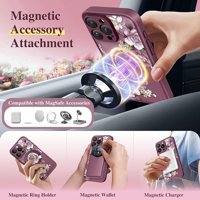 GVIEWIN for iPhone 16 Pro Case Compatible with MagSafe, [Military Grade Protection] [Screen Protector] Full Camera Protection Floral Translucent Women Magnetic Phone Case, Cherry Blossoms/Burgundy