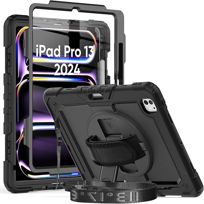 Case for iPad Pro 13 Inch with Screen Protector Pen Holder | Case Compatible with iPad Pro 7th Generation Supports Apple Pencil Charge | Shockproof Silicone Protective Cover W/Shoulder Strap