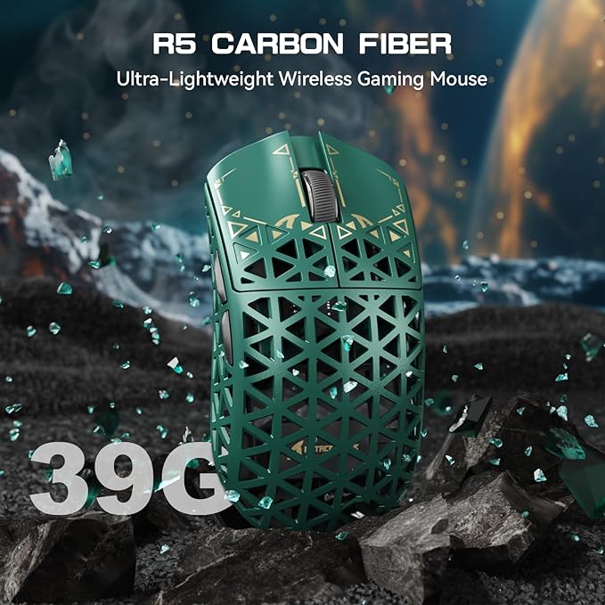 ATTACK SHARK R5Ultra 8K Carbon Fiber Wireless Gaming Mouse with 42000 DPI -PAW3950 MAX Sensor -39g Ultra-Lightweight-Nordic 52840 MCU Chip-Wired/BT/2.4GHz Wirelss Programmable Mouse for PC/Mac (Green)