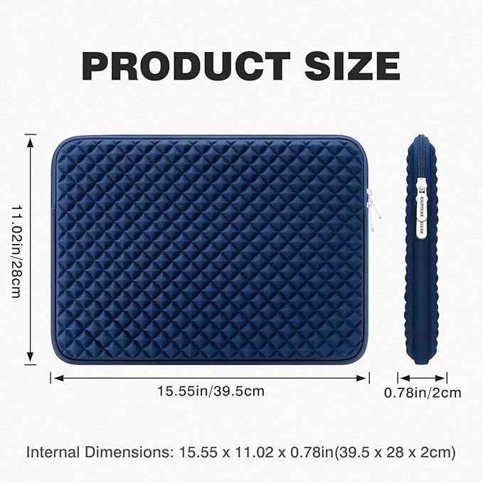 RAINYEAR 15.6 Inch Laptop Sleeve Diamond Foam Shock Resistant Neoprene Padded Case Fluffy Lining Zipper Cover Carrying Bag Compatible with 15.6" Notebook Computer Chromebook (Navy Blue)