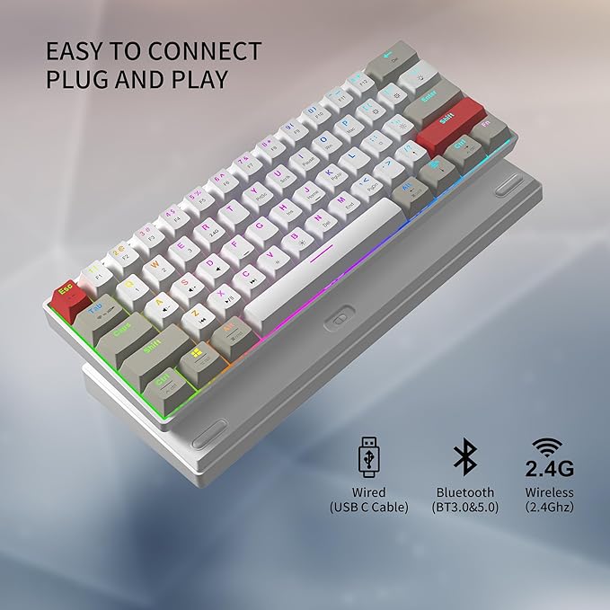 Newmen GM610 60% Wireless Mechanical Keyboard,Wired/Bluetooth/2.4G RGB Backlit,61 Anti-Ghosting Keys,Programmable,Hot-Swappable Gaming Keyboard,for PC Windows Mac Laptop Computer(Linear Red Switch)