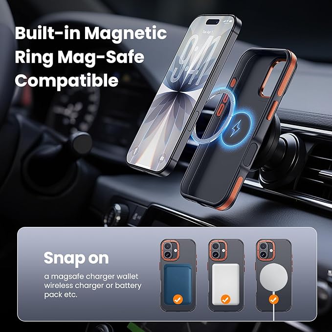 Strong Magnetic Case for iPhone 17 (6.3", 2025) with Stand, Drop-Proof Bumper Cover with Contrast Color Border, Military-Grade Drop Protection, Shockproof Slim Thin Cover,Orange