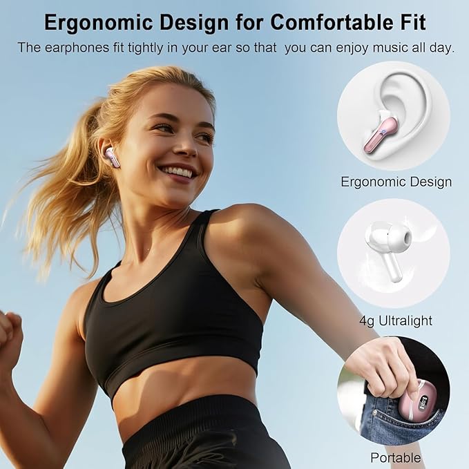 Wireless Earbuds, Bluetooth Headphones 5.4 HiFi Stereo, Ear Buds with 4 ENC Noise Cancelling Mics, 48H Bluetooth Earbuds with Dual LED Display, IP7 Waterproof Earphones for Android iOS, Pink Gold