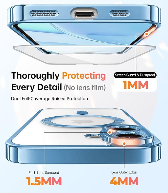 Meifigno Case Designed for iPhone 16 6.1 inch, [Compatible with MagSafe] [2X Screen Protectors] [Glitter Card & Wrist Strap] Surround Lens Protection Designed for iPhone 16 Case Girls, Sky Blue