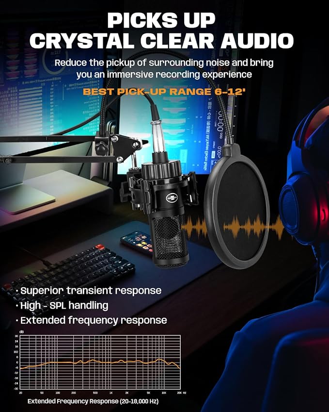 XLR Podcast Microphone, Professional Cardioid Studio Condenser Microphone XLR with 26mm Large Diaphragm for Recording, Streaming, Gaming, ASMR, Computer PC Mic Kit with Boom Arm, Pop Filter