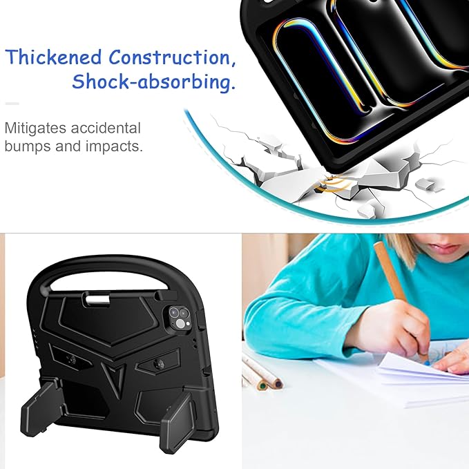 Kids Case for iPad Pro 11" M5 2025/M4 2024 & iPad Air 11" M3 2025/M2 2024, Techcircle Child Shock Proof EVA Protective [Support Pencil Charging] Handle Stand Cover, Black