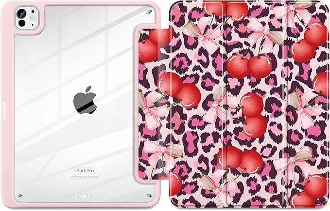 Case for iPad Pro 11 inch (M5) 2025 (M4) 2024 Release with Pencil Holder - Aesthetic Cute Design Trifold Cover with Soft TPU Bumper Clear Back Auto Sleep/Wake for Girls Women, Leopard Print