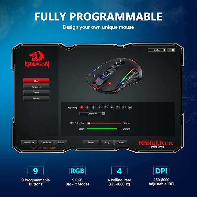 Redragon Gaming Mouse, Wireless Mouse Gaming with 8000 DPI, PC Gaming Mice with Fire Button, RGB Backlit Programmable Ergonomic Mouse Gamer, Rechargeable, 70Hrs for Windows, Mac Gamer, Black