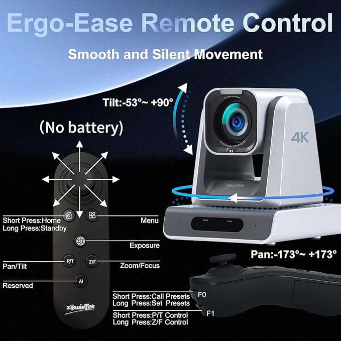 zowietek 4K PTZ Conference Camera, ZowiePTZ, Ergo-Ease Remote Control, ZowieX APP Manager, 18X Optical+12X Digital Zoom, HDMI/USB, RTSP/RTMP(s)/SRT Stream, Meeting, Church, Event, Teaching