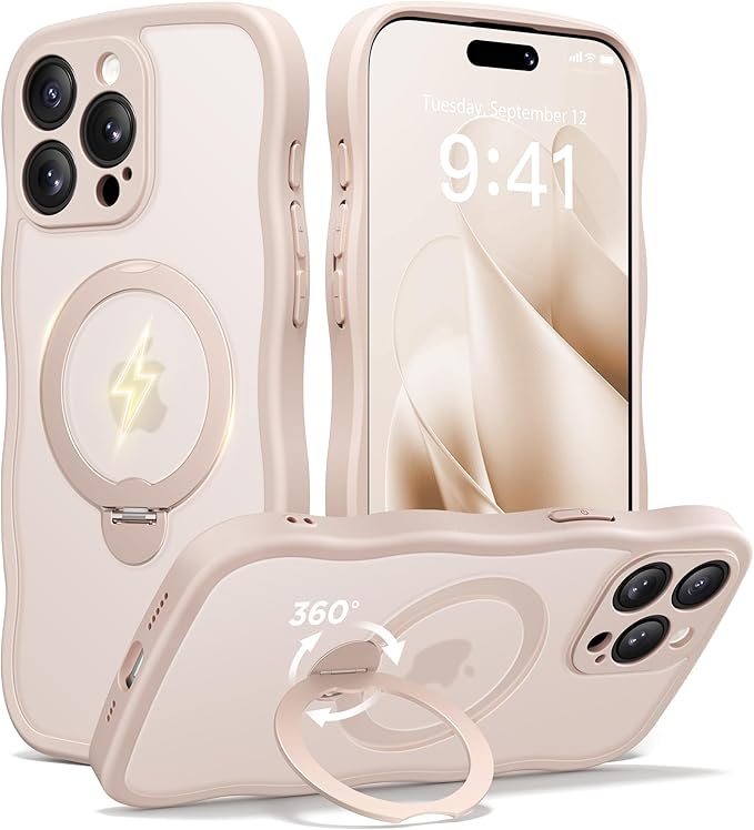 CAPRARO for iPhone 15 Pro Case with 360° Spin Magnetic Stand for Women, [Compatible with MagSafe] [Full Camera Protection] Cute Wave Translucent Matte Case for iPhone 15 Pro, Rose Gold