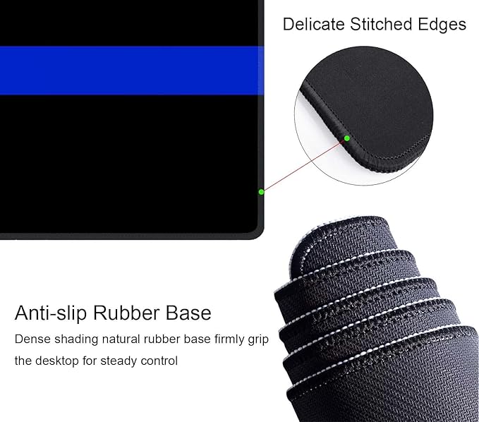 Extended Gaming Mouse Pad Big, Thin Blue Line Long Mouse Pad Large, 31.5x11.8in Non-Slip Rubber Base Black Mousepad, Stitched Edges Keyboard Mouse Mat Desk Pad