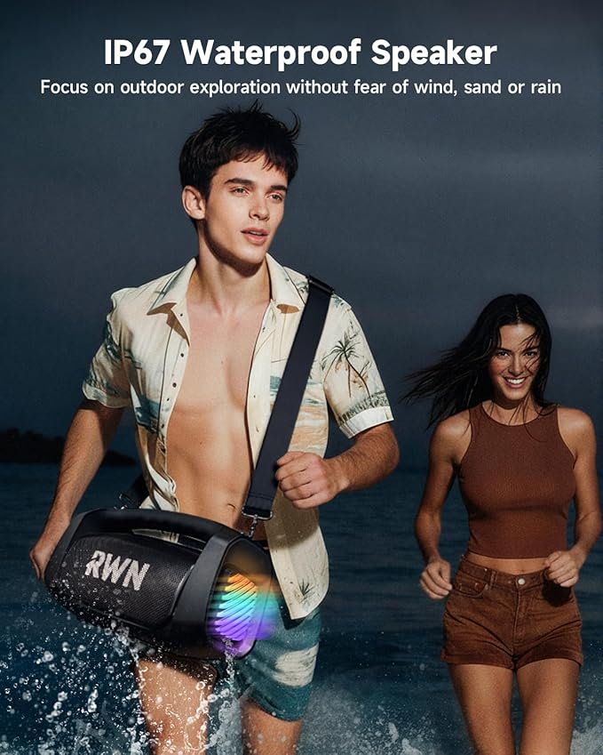 RWN Outdoor Bluetooth Speaker: 160W Loud Sound, IP67 Waterproof with 24H Playtime, Fast Charge, Bass, TWS, Portable Wireless Speakers with Light Show for House, Party, Projector, Beach (Black)