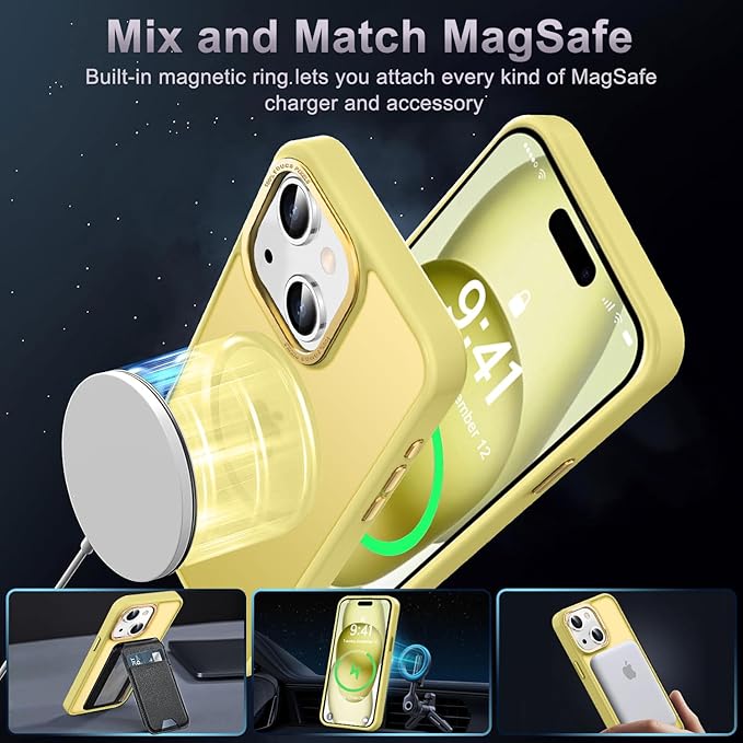 Newfuture Magnetic for iPhone 15 Case [Compatible with Magsafe] [Military Grade Drop Protection] Translucent Matte Anti-Fingerprint Shockproof Phone Case for iPhone 15 6.1 inch, Yellow