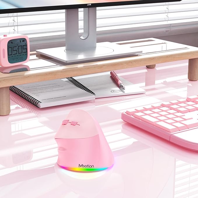 MEETION Left-Handed Mouse, Ergonomic Mouse Wireless Vertical Mouse, RGB Rechargeable Mice for Bluetooth(5.2 + 3.0) & USB-A with Type-c Adapter 4 Adjustable DPI for Mac/Windows/PC/Tablet/iPad Pink
