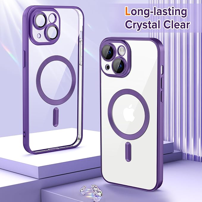 Hython Magnetic Clear for iPhone 13 Case with Camera Lens Protector [Compatible with MagSafe] Luxury Plating Edge Slim Soft TPU Cover Protective Phone Case for iPhone 13 6.1", Matte Purple