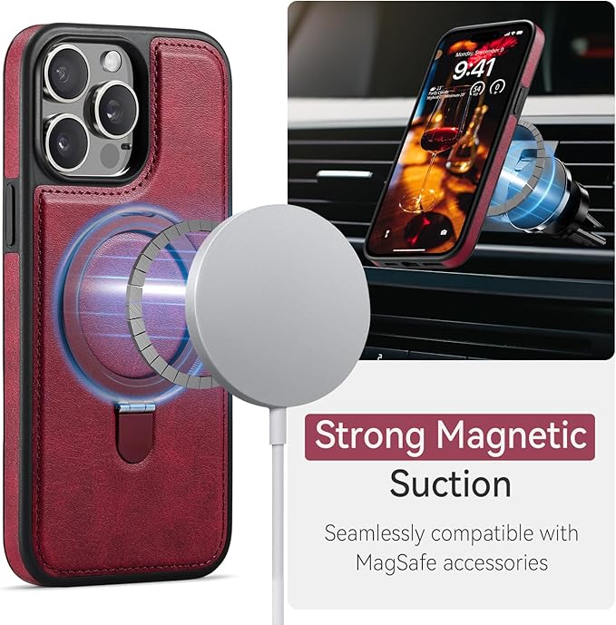 Compatible with iPhone 15 Pro Max Case with Stand, Compatible with MagSafe, Slim PU Leather & Durable TPU Protective Cover Drop-Proof with Tempered Glass Screen Protector 6.7", Red