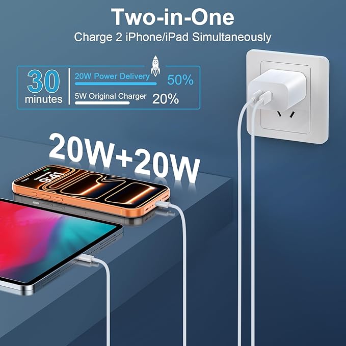 20W Dual Port USB C Fast Charger Block with 6.6FT Long USB C to C Charging Cable for Phone 17 16 15/16 15 Plus/17 16 15 Pro/17 16 15 Pro Max