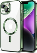 Hython Magnetic Clear for iPhone 14 Case with Camera Lens Protector [Compatible with MagSafe] Luxury Plating Edge Slim Soft TPU Cover Protective Phone Case for iPhone 14 6.1", Deep Green