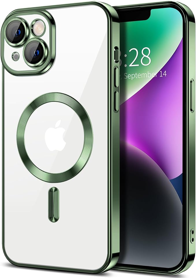 Hython Magnetic Clear for iPhone 14 Case with Camera Lens Protector [Compatible with MagSafe] Luxury Plating Edge Slim Soft TPU Cover Protective Phone Case for iPhone 14 6.1", Deep Green