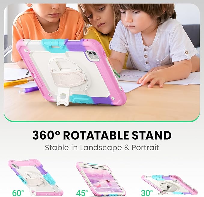 SEYMAC for iPad Pro 11 Inch Case M5 2025 / M4 2024, Heavy Duty Shockproof Protective Case with Screen Protector, 360° Rotating Stand, Hand/Shoulder Strap and Pen Holder, Colorful Pink