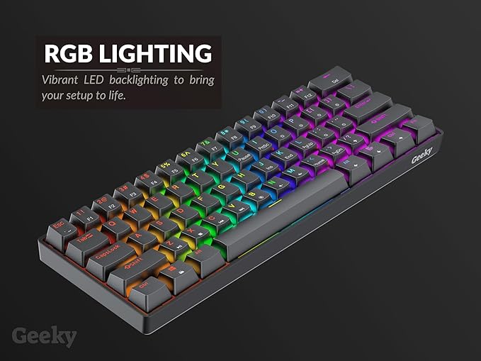 Geeky GK61 SE 60% | Mechanical Gaming Keyboard | 61 Keys Multi Color RGB LED Backlit for PC/Mac Gamer | ANSI US American Layout (Black, Mechanical Brown)