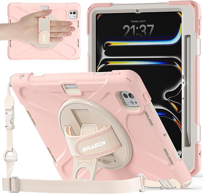 BRAECNstock Kids Case for Apple iPad Pro 11 inch M5 2025/ M4 2024, Shockproof Protective Case with Pencil Holder, 360° Rotating Hand Strap & Stand, Shoulder Strap for iPad Pro 11 M5/M4, Sakura Pink