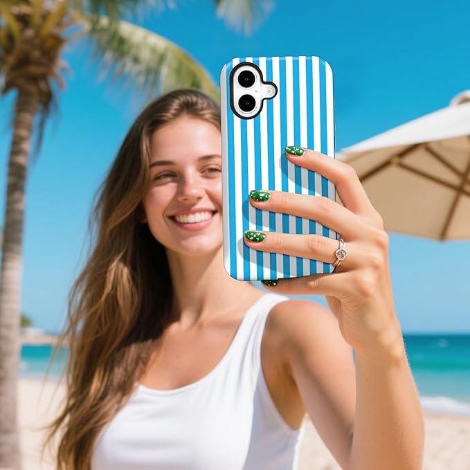 Magnetic for iPhone 16 Plus Case Cute Stripes Phone Case, Shockproof Slim TPU and Hard PC Protective Phone Cover Compatible with MagSafe Designed for Women Girls, Deep Blue