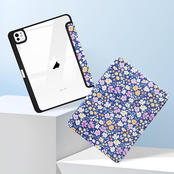 MrARTIST for for iPad Pro 11 Inch Case (M5/M4) 2025/2024 6th/5th Generation Case Cute for Women Girls Girly Kawaii Aesthetic Flowers Design for Apple Tablet Cover with Pencil Holder, Blue Floral