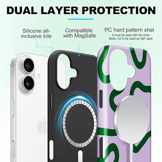 Magnetic for iPhone 17 Case Cute Curved Stripes Phone Case, Shockproof Slim TPU and Hard PC Protective Phone Cover Compatible with MagSafe Designed for Women Girls,Green