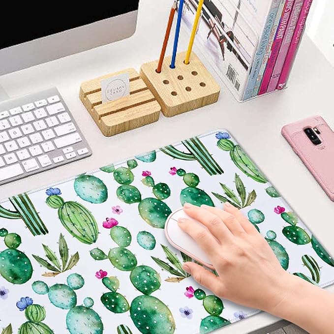 Large Gaming Mouse Pad with Stitched Edges, Desk Pad Extended Keyboard Mat, Non-Slip Rubber Base Mousepads for Laptop, Office, Home, 31.5X11.8 inch Watercolor Cactus and Flowers