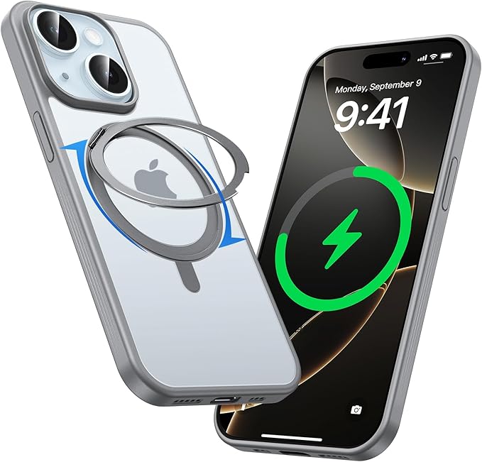 MAGIC JOHN 360° Rotatable Magnetic Invisible Stand for iPhone 15 Case [Anti-Slip Grip] [Compatible with MagSafe] 16FT Shockproof for iPhone 15 Case with Kickstand, Black