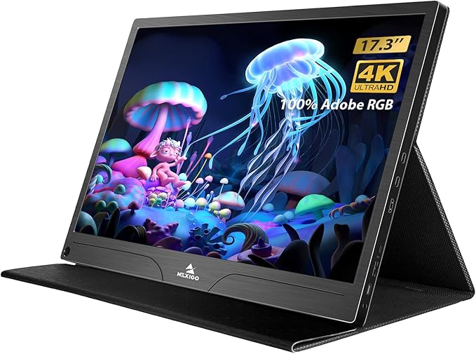 NexiGo 4K Portable Monitor 17.3 Inch, 400 Nits, FreeSync, 100% Adobe RGB, HDR IPS Display, Dual Speakers Eye Care Screen with OTG Expansion, for Laptop PC/MAC/Console/PS5, VESA & Smart Cover