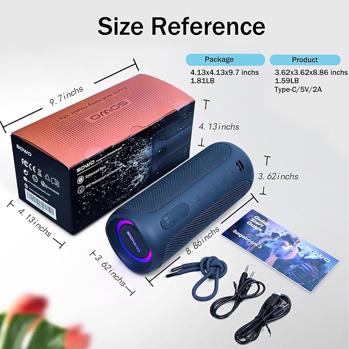 SOWO Waterproof Speaker Bluetooth Wireless- Portable Speaker Loud with Built-in Subwoofer and Tweeter, Extra Bass, Stereo Sound, IP67, Colorful Lights for Party, Outdoor, Camping - Blue