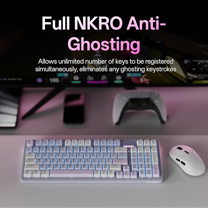 Rapoo V700DIY-98 Wireless Mechanical Keyboard, BT5.0 + 2.4GHz, Hot Swappable Custom Gaming Keyboard, Speed Silver Linear Switch, 16.8M Per-Key RGB, Gasket Mount, Creamy Sound, Full Anti-Ghosting, Pink