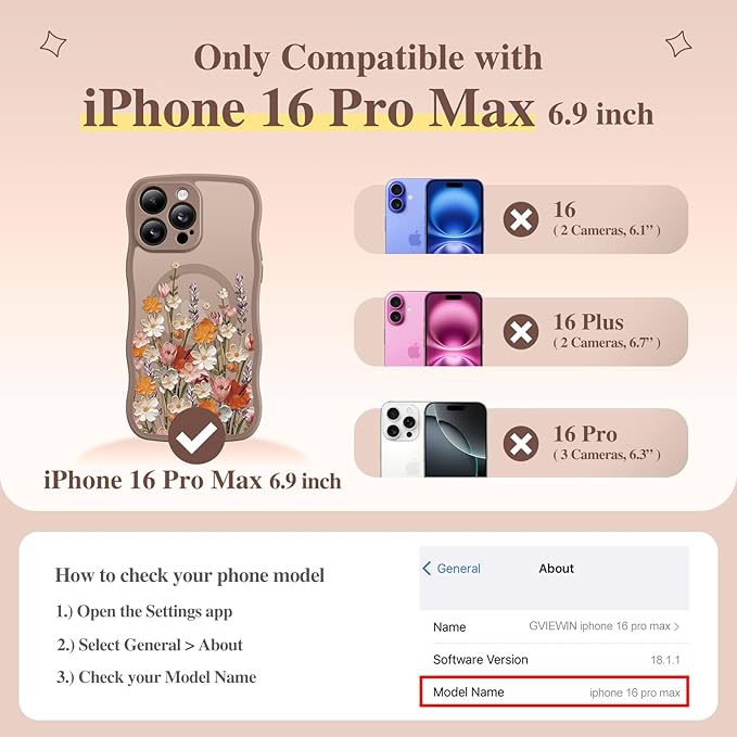 GVIEWIN for iPhone 16 Pro Max Case Compatible with MagSafe [Curly Wave Edge][Full Camera Protection] Floral Translucent Shockproof Magnetic Women Phone Case for 16 Pro Max, Primrose/Brown