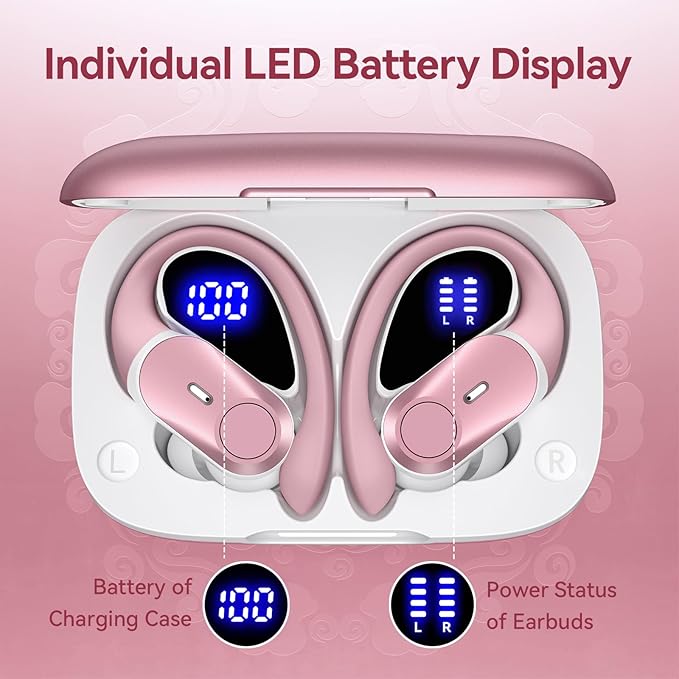 Active Noise Cancelling Wireless Earbuds Bluetooth Headphones 80H Playtime Ear Buds with Power Display Case Hi-Res Sound & Clear Calls Over Ear Hooks Earphones for Sports Running Gym Workout Rose Gold