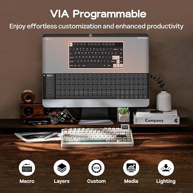 EPOMAKER RT82 Wireless Mechanical Keyboard with Screen, VIA Custom, 2.4GHz/USB-C/BT5.0, RGB Backlit, Gasket, 5-Paddings, PBT Keycaps, Hot-Swap Retro Gaming Keyboard (Creamy Jade)