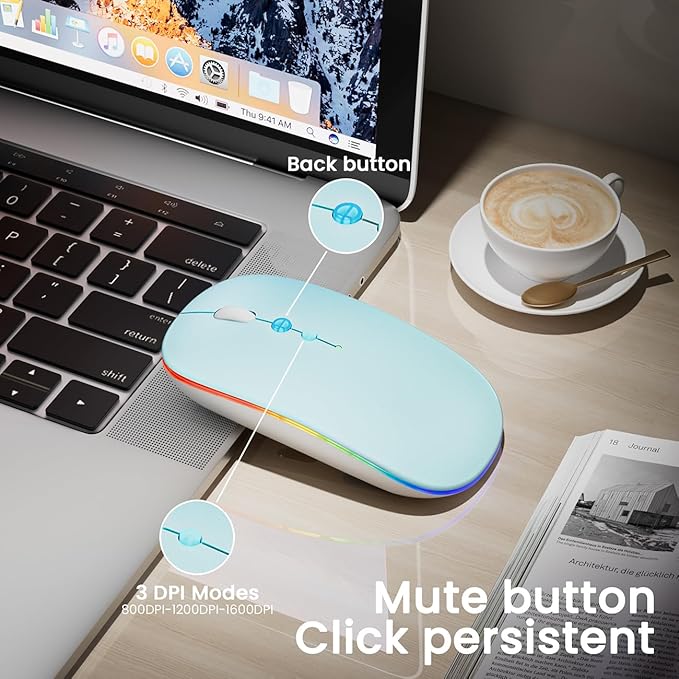 Halpilt LED Wireless Mouse A100S Rechargeable Portable Silent Mouse with Optional USB and Type-C Receiver 3-Speed Adjustable DPI for PC/Mac/Laptop (Frosted Blue)