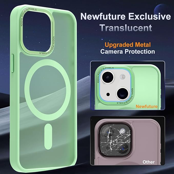 Newfuture Designed for iPhone 13 Case & iPhone 14 Case with Magnetic [13 FT Military Drop Protection] [Compatible with Magsafe] Translucent Shockproof with Anti-Fingerprint Phone Case, Matcha Green