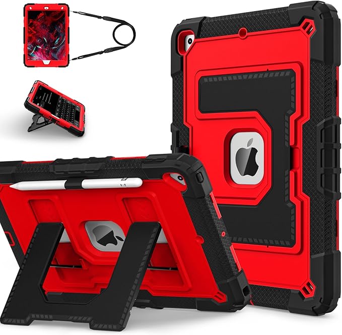 Kids Friendly Case for Apple iPad 10.2" 9th 8th 7th Generation 2021/2020/2019 Case with Pencil Holder & Shoulder Strap, Military Grade Shockproof Kickstand Hard Shell Protective Cover,Black+Red