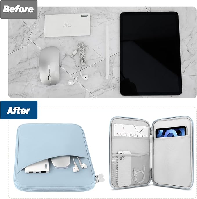 MoKo 9-11 Inch Tablet Sleeve Case, Fits New 11inch iPad Air M4/Pro M5, iPad A16 11", i-Pad 10/9/8/7th/Air 5/4th 10.9"/10.2", Tab S9/S8 11", Protective Bag Carrying Case with Pocket, Misty Blue