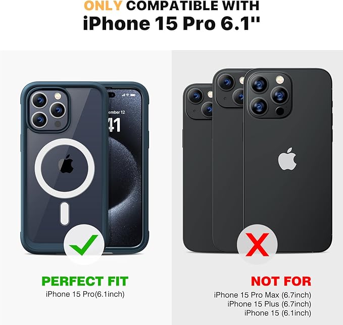 Diaclara Magnetic for iPhone 15 Pro Case, [Military-Grade Drop Proof & Fit for MagSafe] Built-in Shockproof Screen Protector, [Camera Lens Protector] Phone Cover for iPhone 15 Pro 6.1"(Deep Blue)