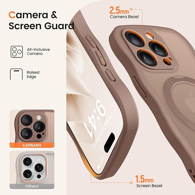CAPRARO for iPhone 14 Pro Case with 360° Spin Magnetic Stand for Women, [Compatible with MagSafe] [Full Camera Protection] Cute Wave Translucent Matte Case for iPhone 14 Pro,Brown