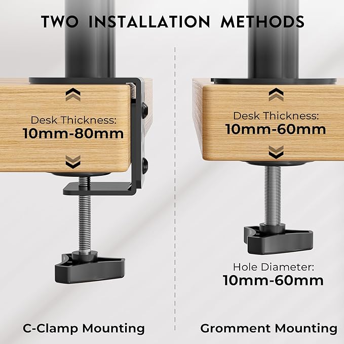 BONTEC Vertical Dual Monitor Desk Mount, Supports 13-34 Inch Screens, Full Motion Adjustability, VESA 75x75/100x100mm, Up to 22lbs per Arm, C Clamp and Grommet Mounting Options, Cable Management