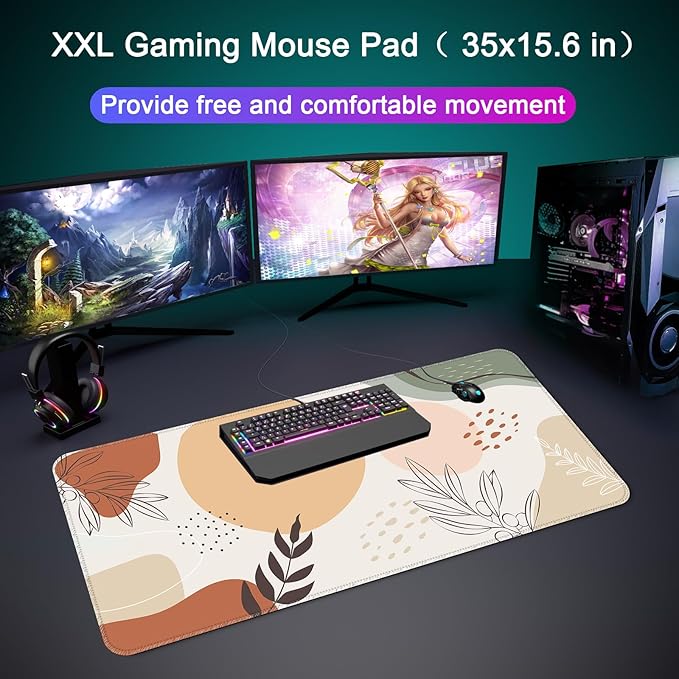 Desk Mat,Large Mouse Pad 35''×15.6'' XXL Extended Gaming Mouse Pad Mat with Non-Slip Base Stitched Eges Mousepad for Computer,Office,Keyboard and Laptop - Boho Leaves2