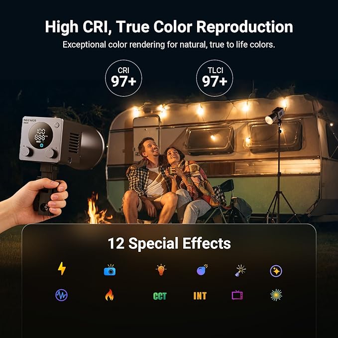 NEEWER HB60B 60W Mini LED Video Light with 50Wh Battery/100W PD Fast Charging APP/2.4G Control/NFC + 9.8ft/3m Air Cushioned Light Stand Tripod with 3 Way Mounting Interface Max Load 5.5lb/2.5kg