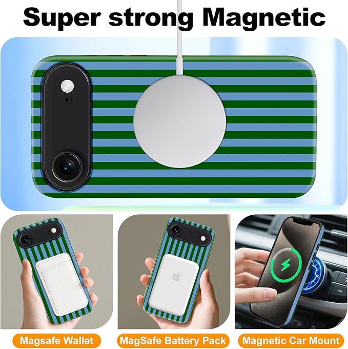 Magnetic for iPhone 17 Air Case Cute Stripes Phone Case, Shockproof Slim TPU and Hard PC Protective Phone Cover Compatible with MagSafe Designed for Women Girls, Green and Blue