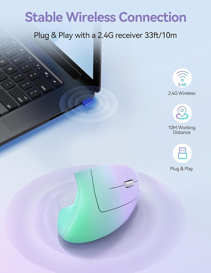 TECKNET Ergonomic Mouse, Wireless Rechargeable Vertical Mouse for Carpal Tunnel Right Hand, 4800 DPI 5 Adjustable Levels 2.4GHz with USB-A Receiver, Silent Click, for Laptop, PC, MacBook, Desktop